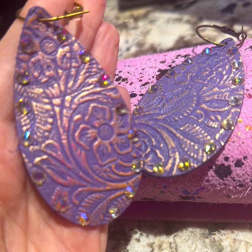 NEW!  Western Purple and Gold Paisley Teardrop Earrings by Sandra Ling